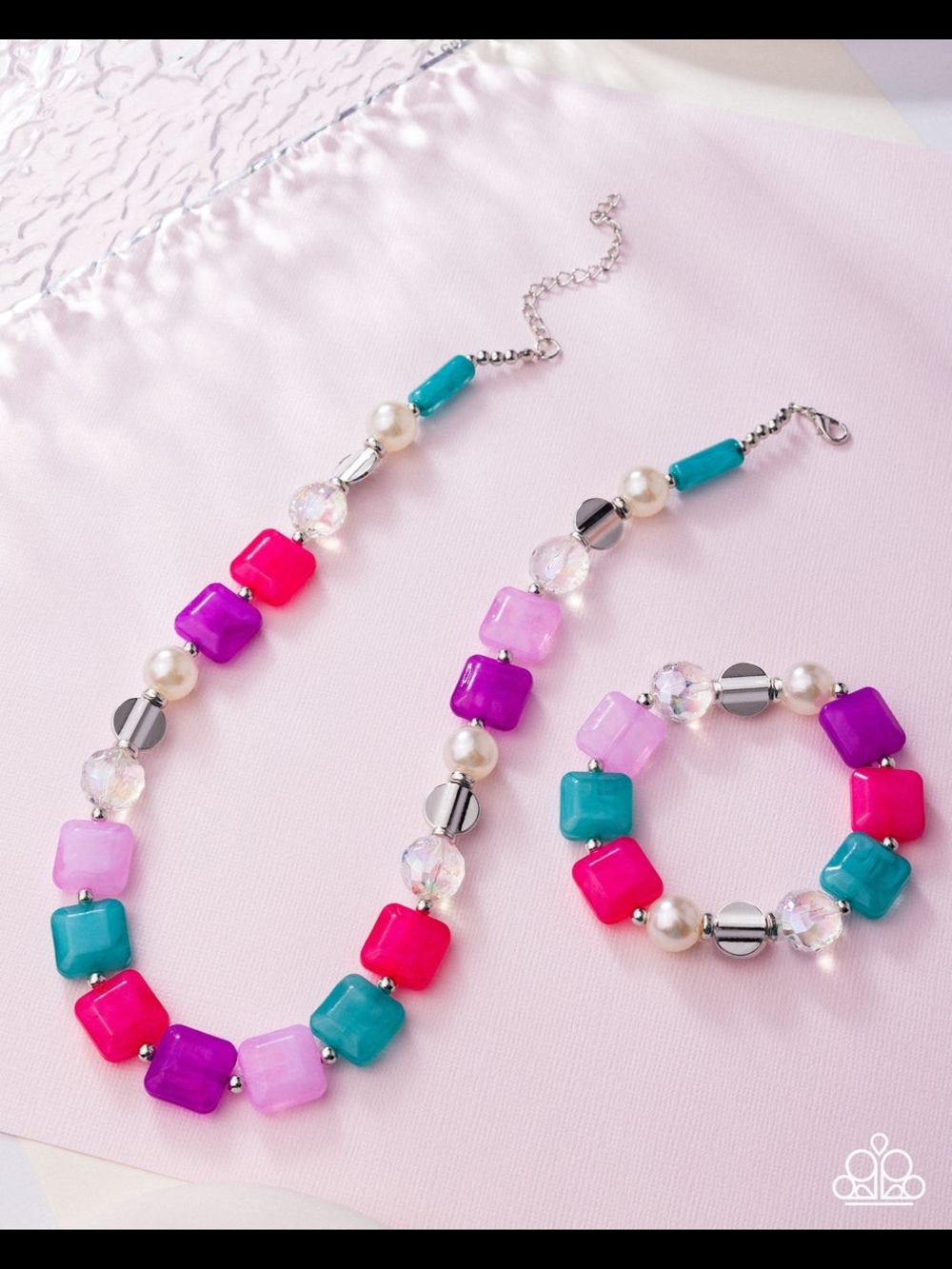 Colorful Multi-Stone Women's Necklace & Bracelet Set - Pink, Purple, Teal